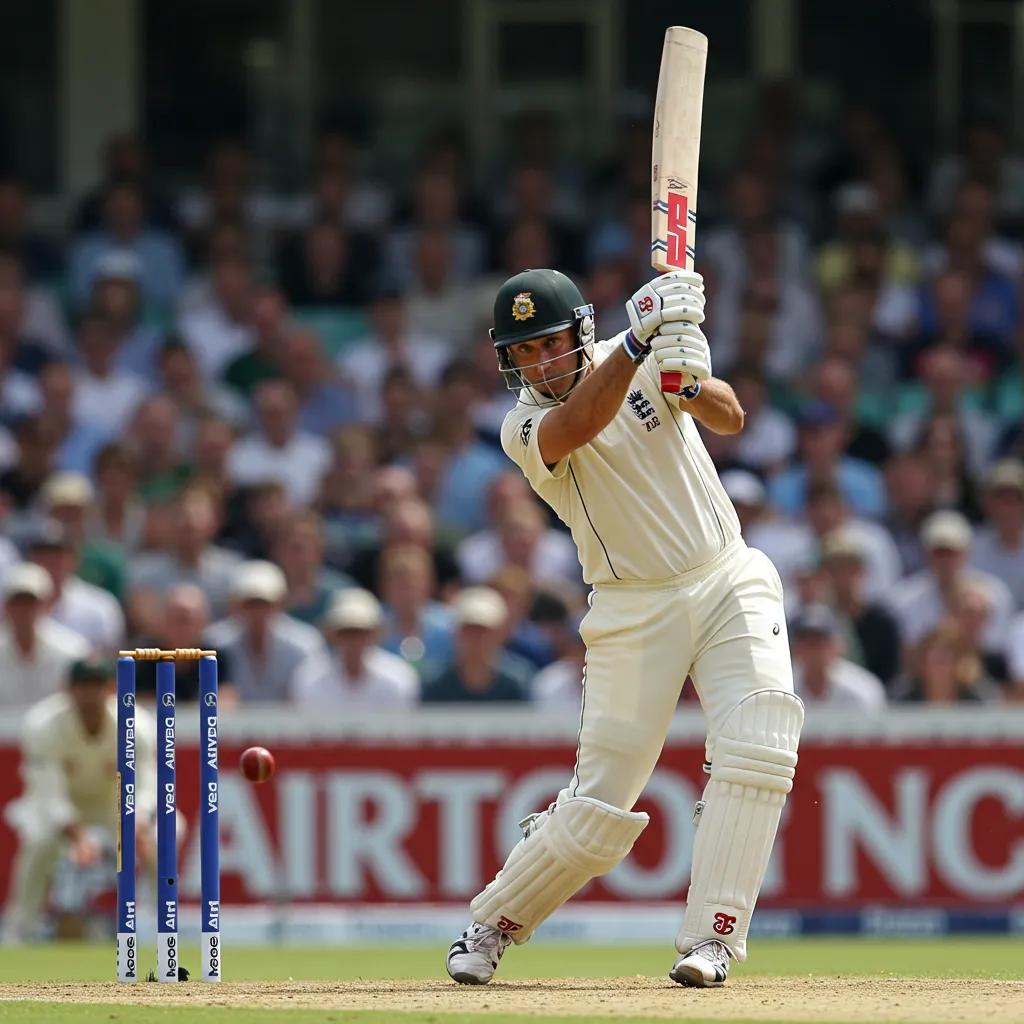 Legendary batsman in mid-swing, emphasizing technique and form in cricket