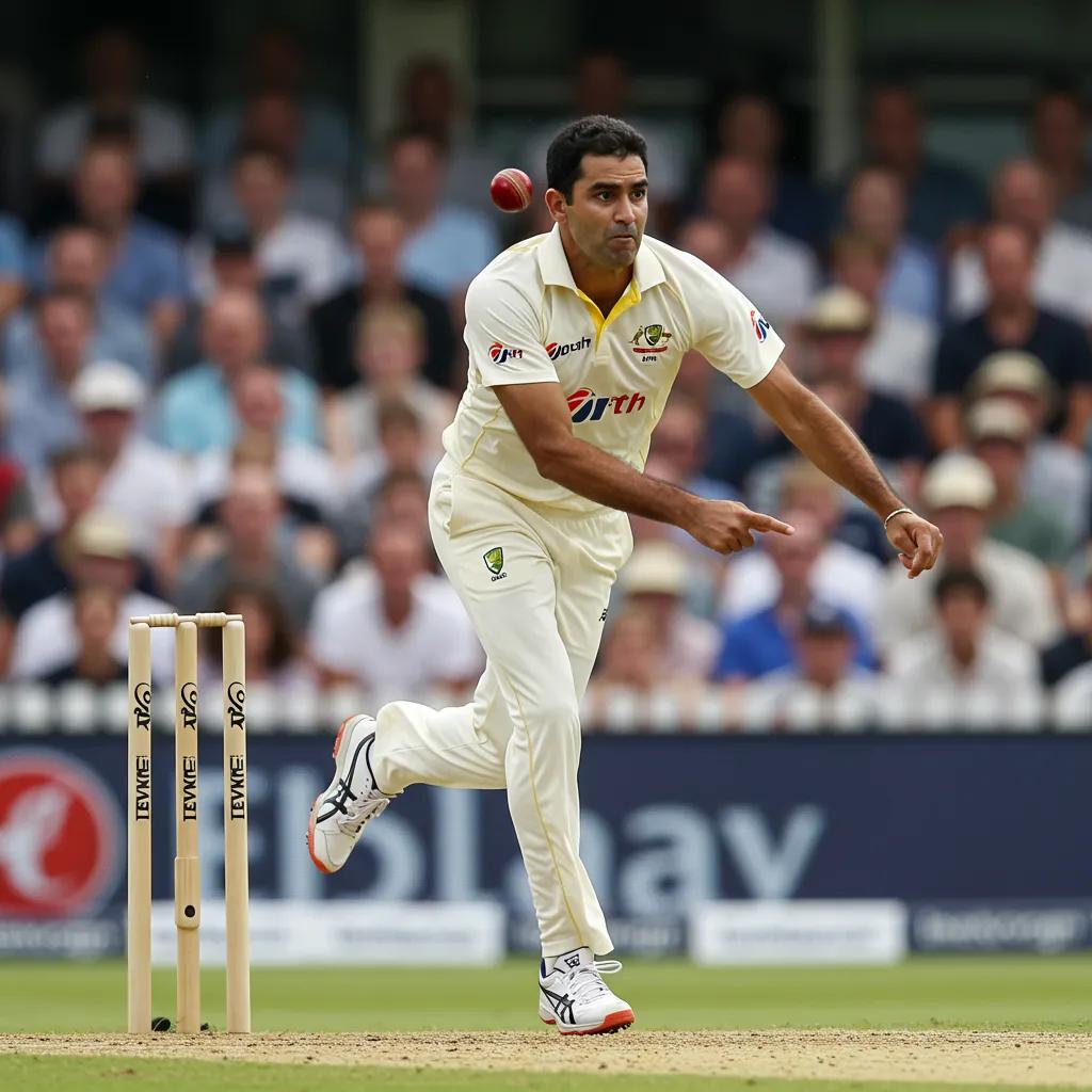Legendary bowler delivering a ball, showcasing intensity and focus in cricket