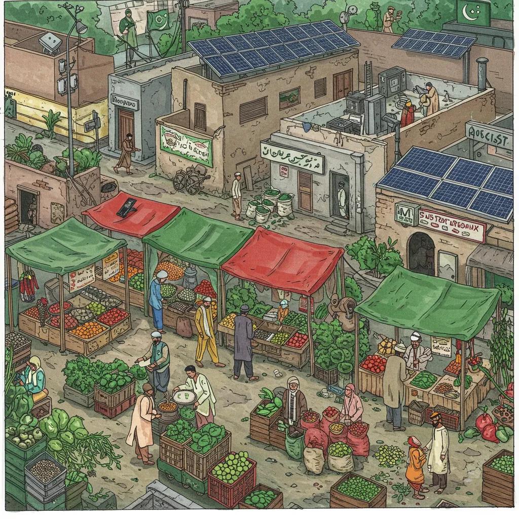 Lively market scene showcasing the benefits of a green economy in Pakistan with organic products and solar panels