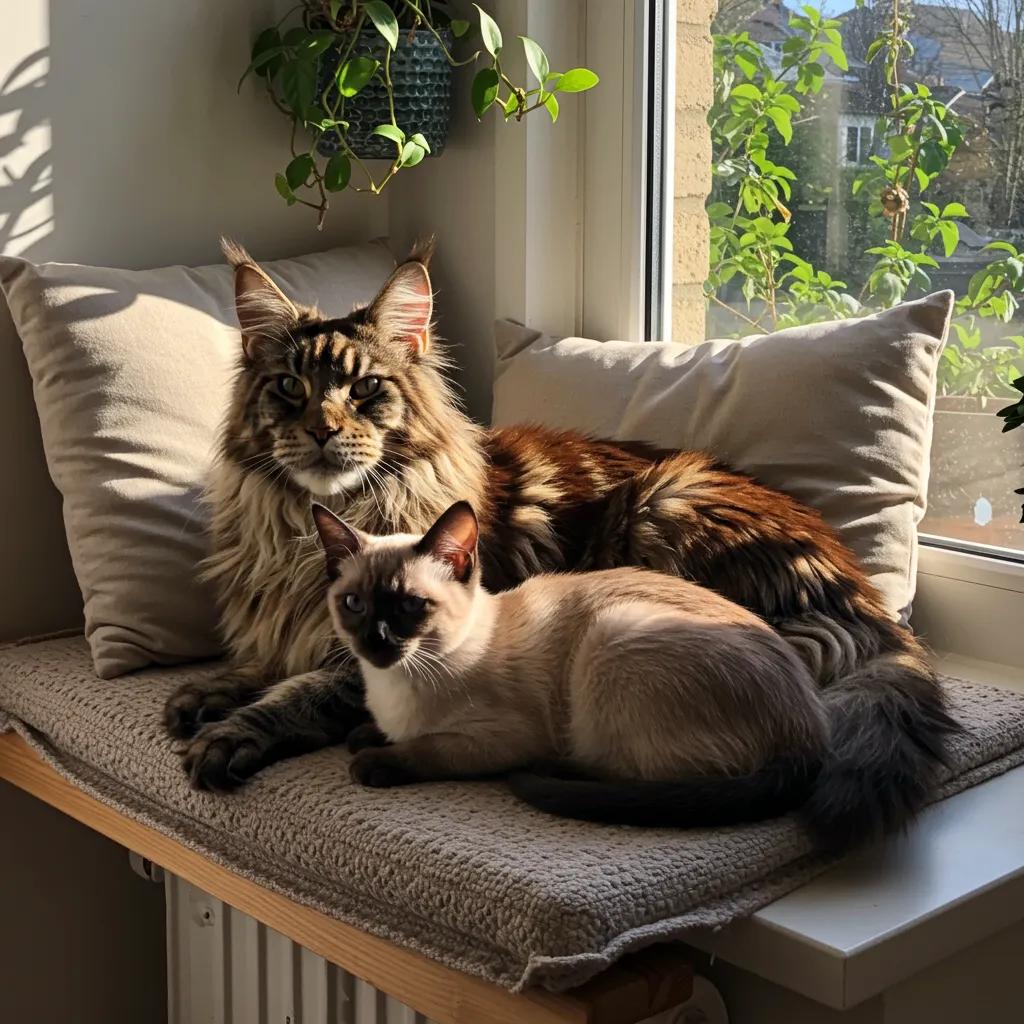 Maine Coon and Siamese cat relaxing on a sunny windowsill