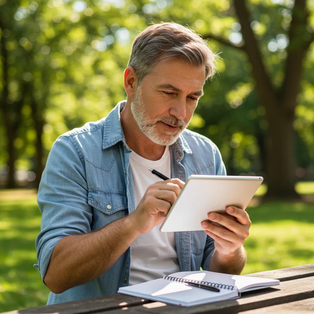 Man analyzing investment strategies in a park setting