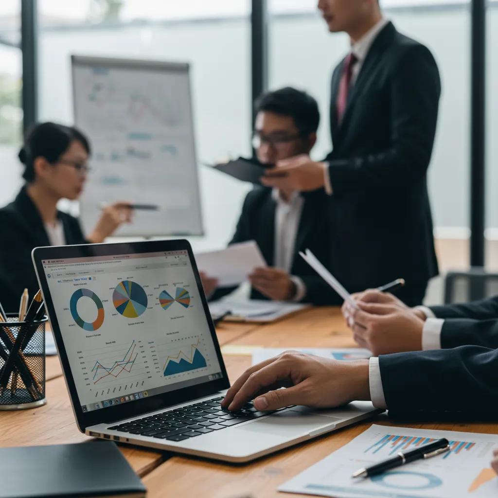 Manager analyzing data on a laptop with team members, emphasizing essential management skills for business success