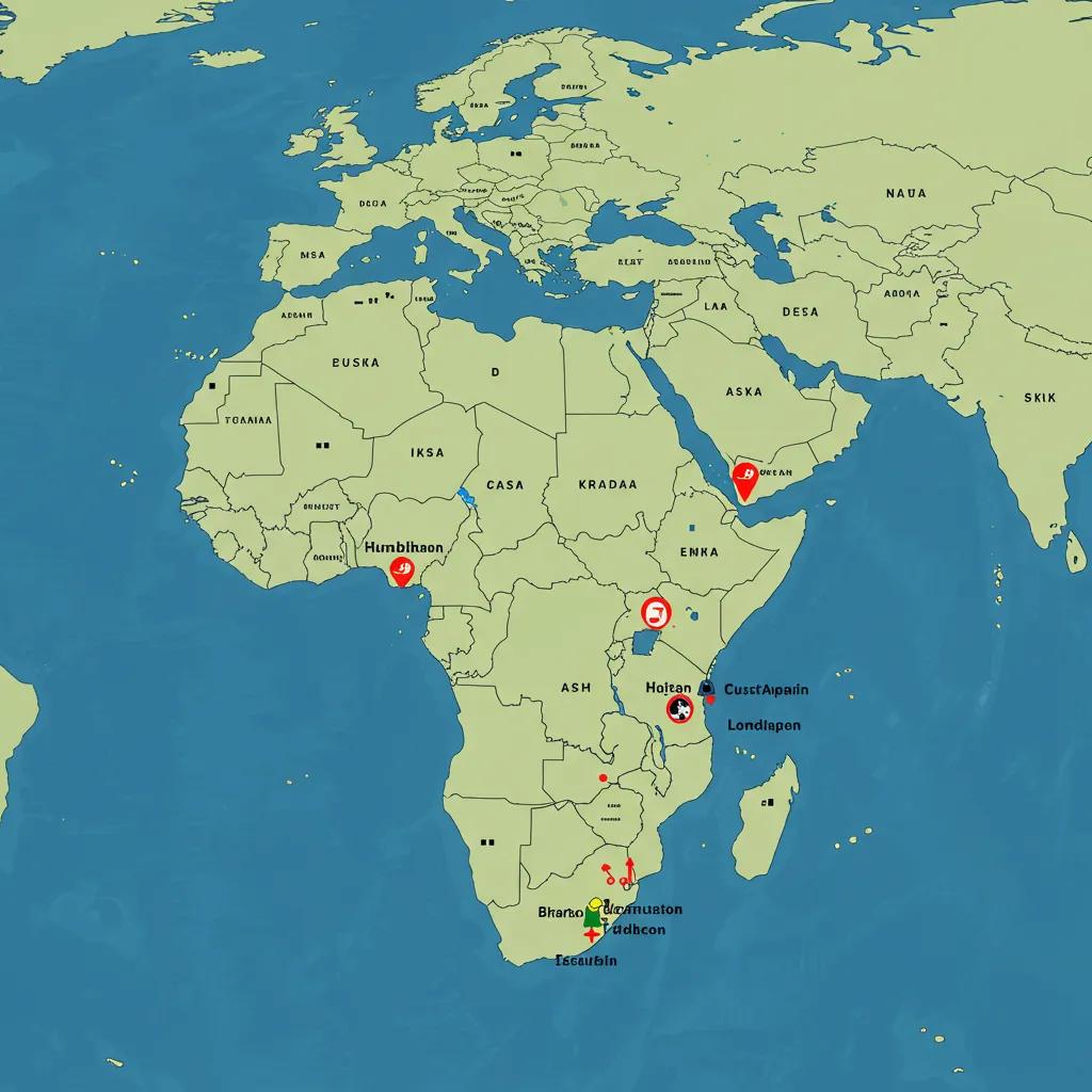 An illustrative map highlighting countries with critical humanitarian needs in 2025, pinpointing crisis zones and varying levels of urgency