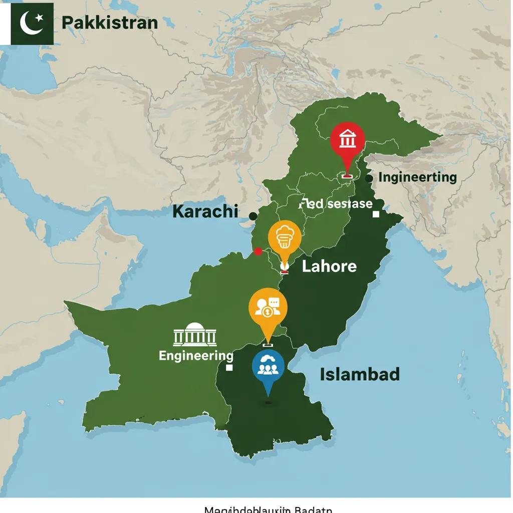 Map of Pakistan highlighting major tech hubs: Karachi, Lahore, and Islamabad, showcasing their unique strengths in the tech startup ecosystem.