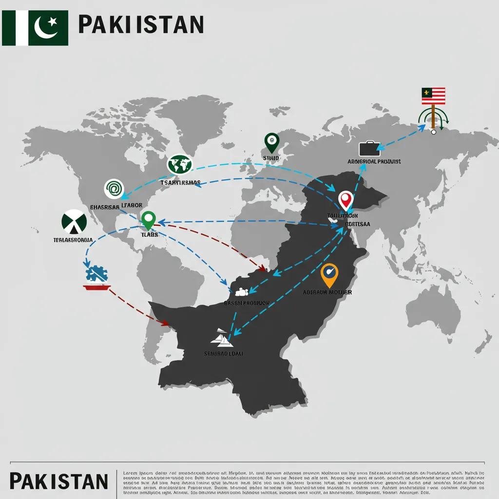 Map of Pakistan highlighting trade routes to key partner countries with icons for traded goods