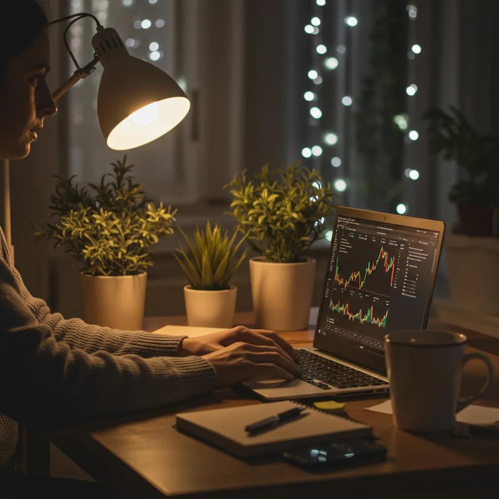Market analyst reviewing commodity prices on a laptop in a cozy home office setting