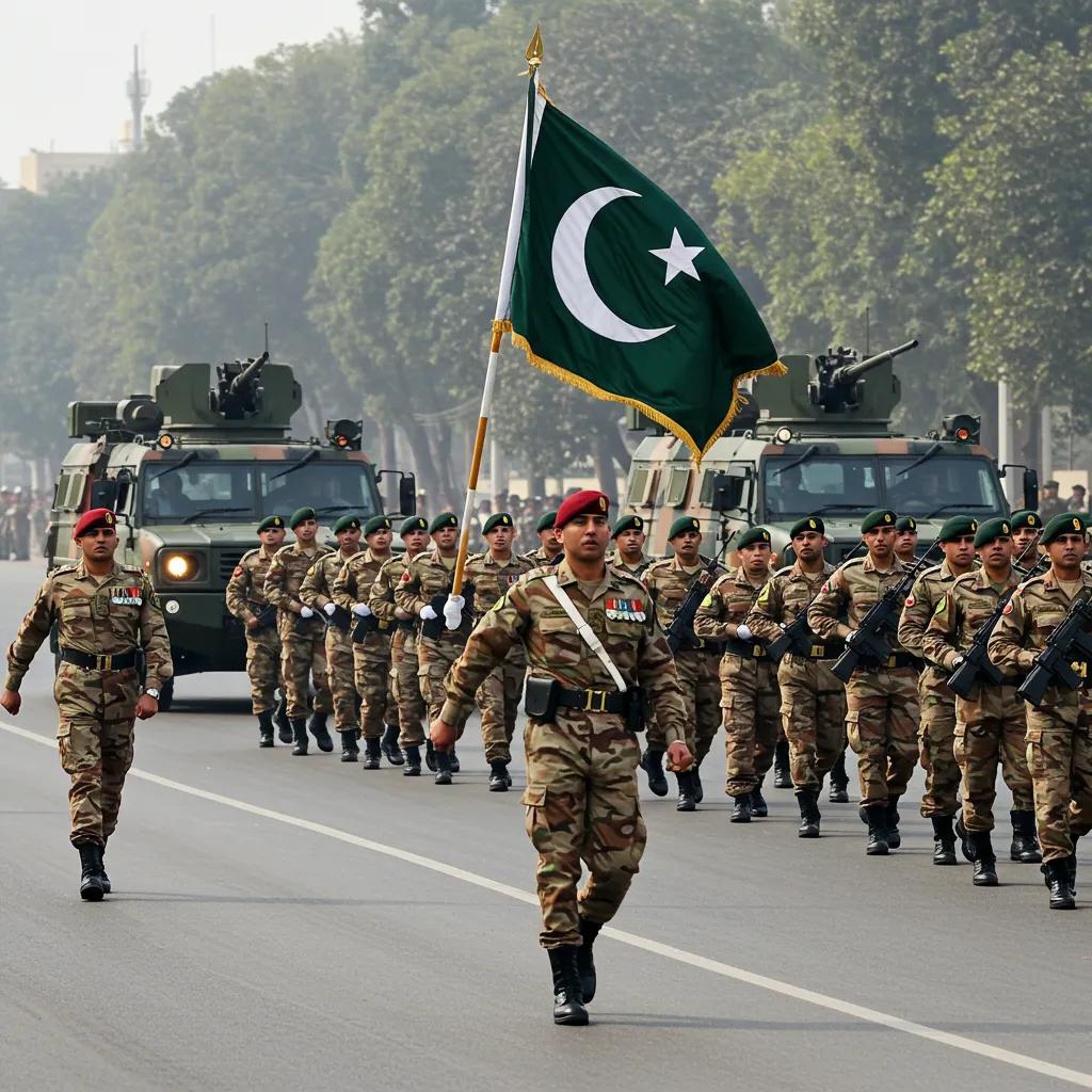 Military parade in Pakistan showcasing soldiers and military vehicles, symbolizing the influence of military coups in the country's history