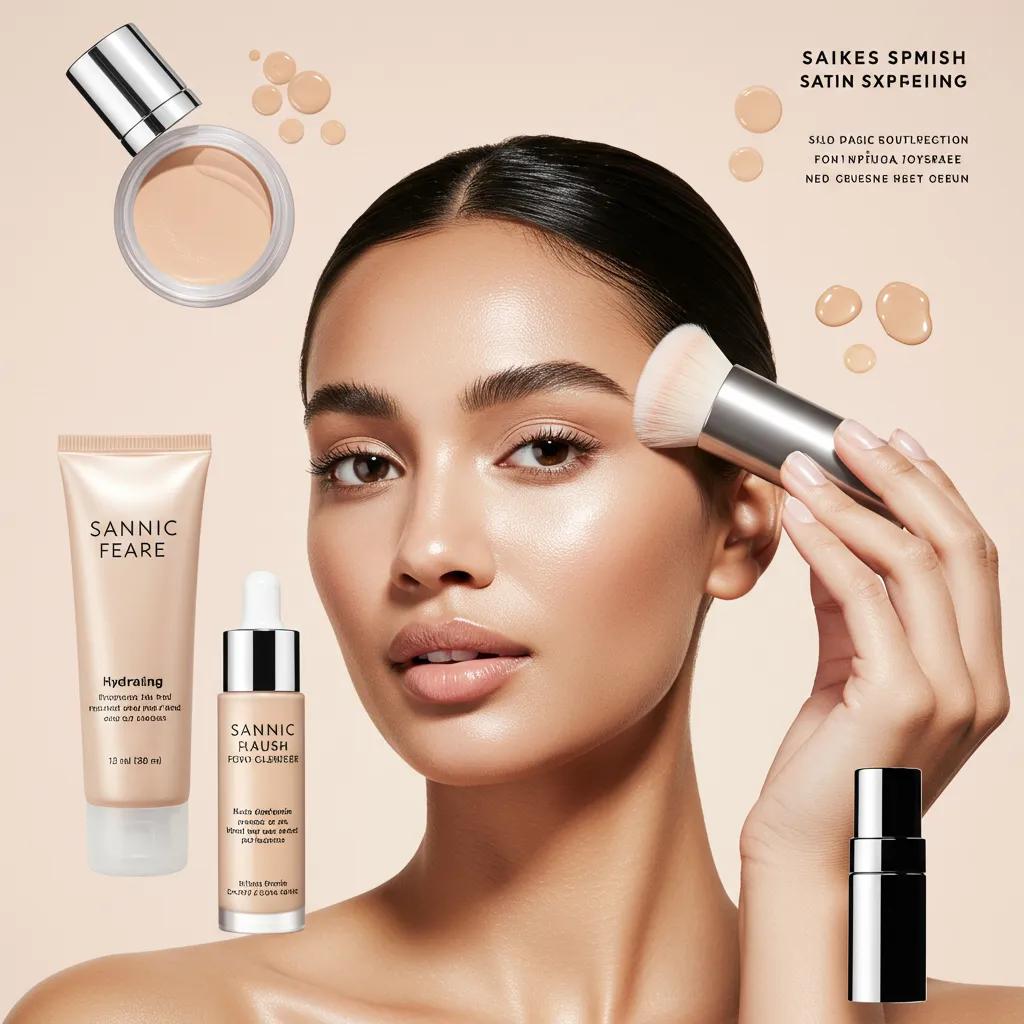 Model applying satin-finish makeup products for a glowing skin look