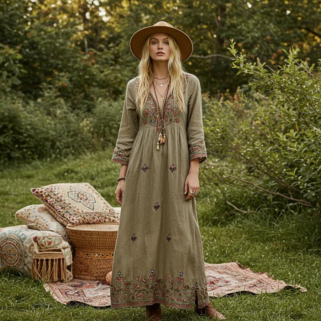 Model in a 1970s bohemian maxi dress in a natural setting, highlighting modern wardrobe influences
