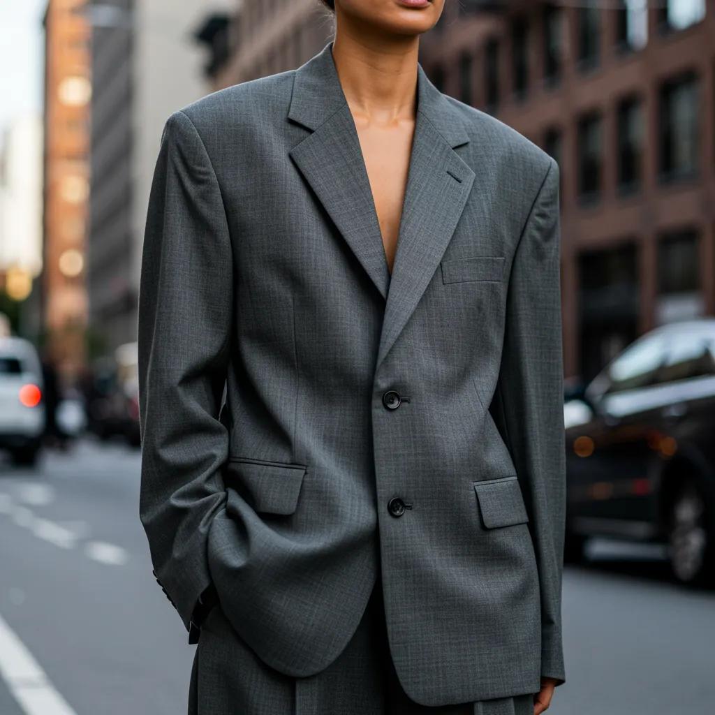 Model in oversized blazer and wide-leg trousers showcasing urban fashion trends