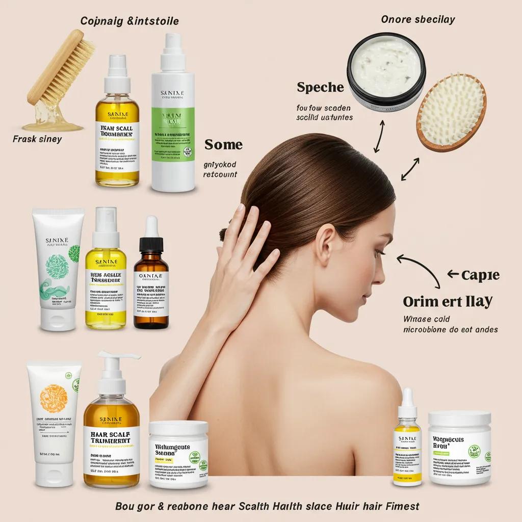 Model massaging her scalp with hair care products emphasizing scalp microbiome health