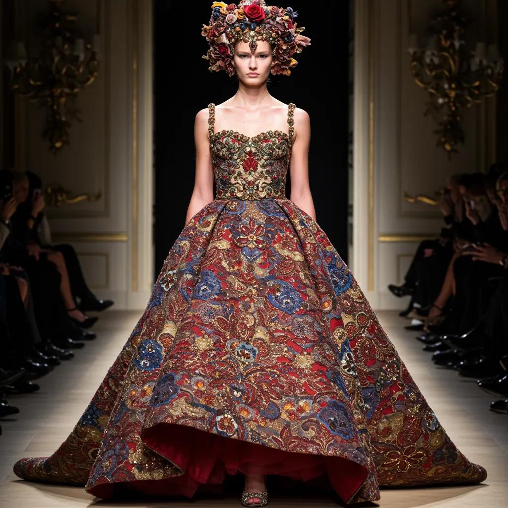 Model showcasing a luxurious haute couture gown with intricate details and rich fabrics