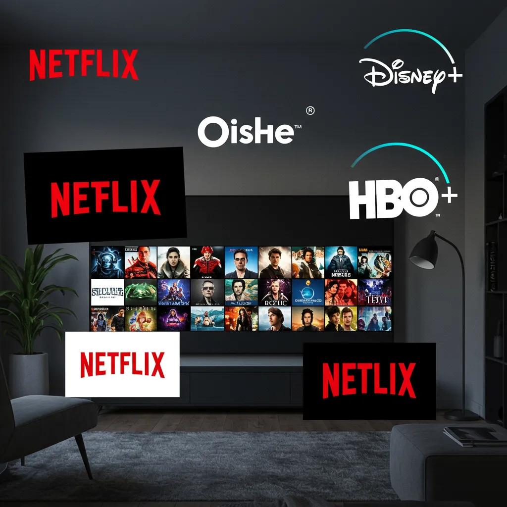 Modern living room with streaming platform logos and popular shows displayed on a large screen