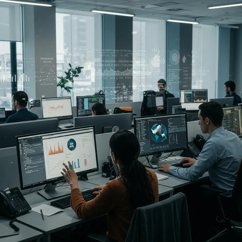 Modern newsroom with journalists using machine learning tools to enhance news reporting