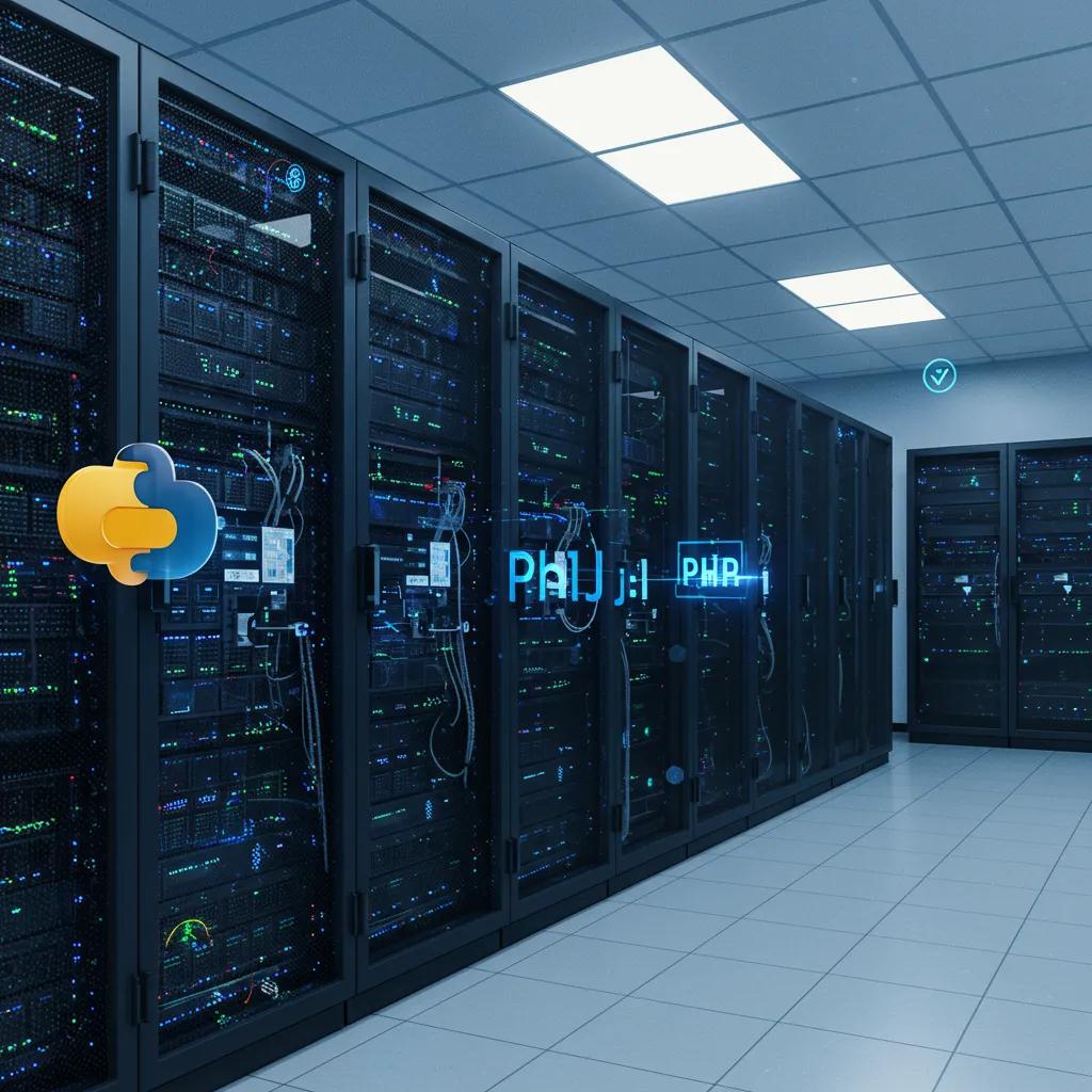 Modern server room representing back-end technologies driving web development