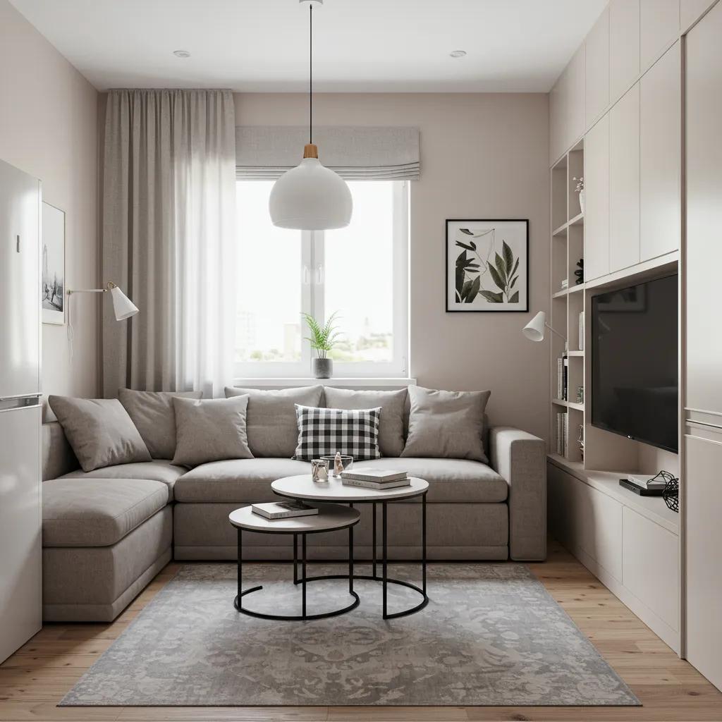Modern small apartment interior with multi-functional furniture and clever storage solutions