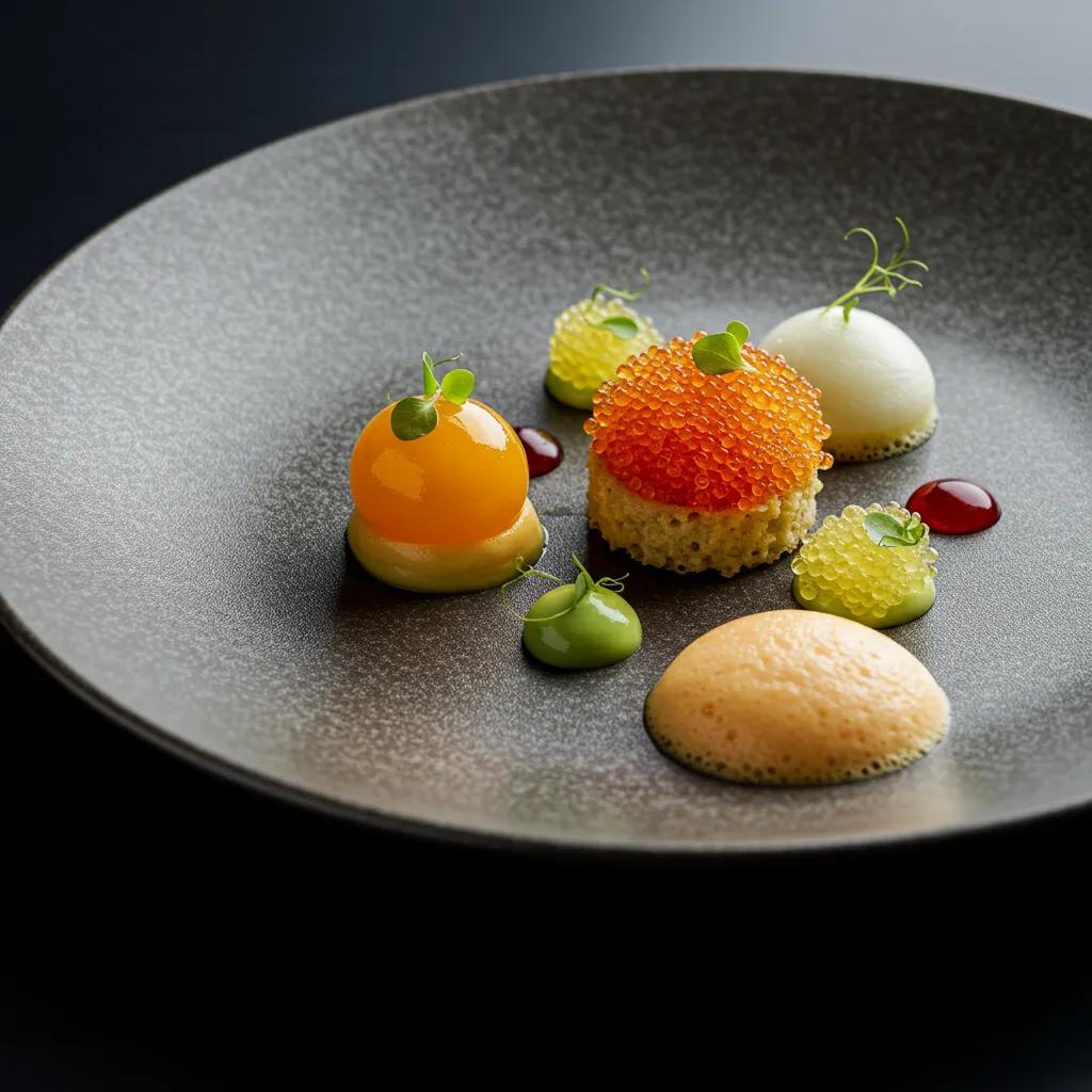 Molecular gastronomy techniques with colorful spherification pearls and foams on a modern plate
