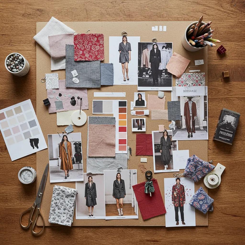 Mood board with fabric swatches and outfit ideas representing different style personalities