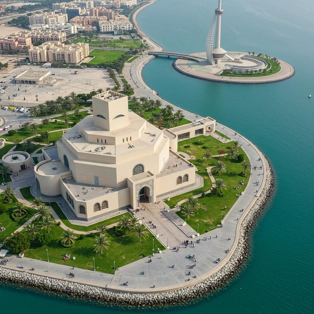 Museum of Islamic Art and Pearl Monument along Doha Corniche with visitors