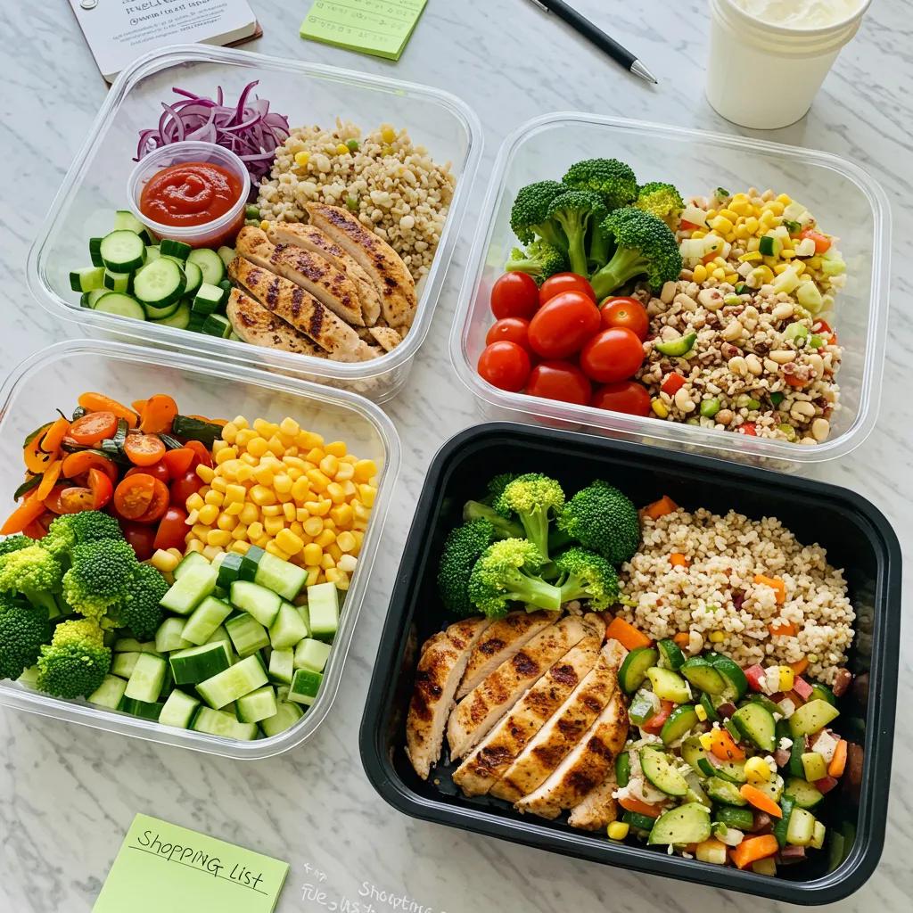 Neatly organized meal prep containers with healthy meals, illustrating effective meal planning strategies