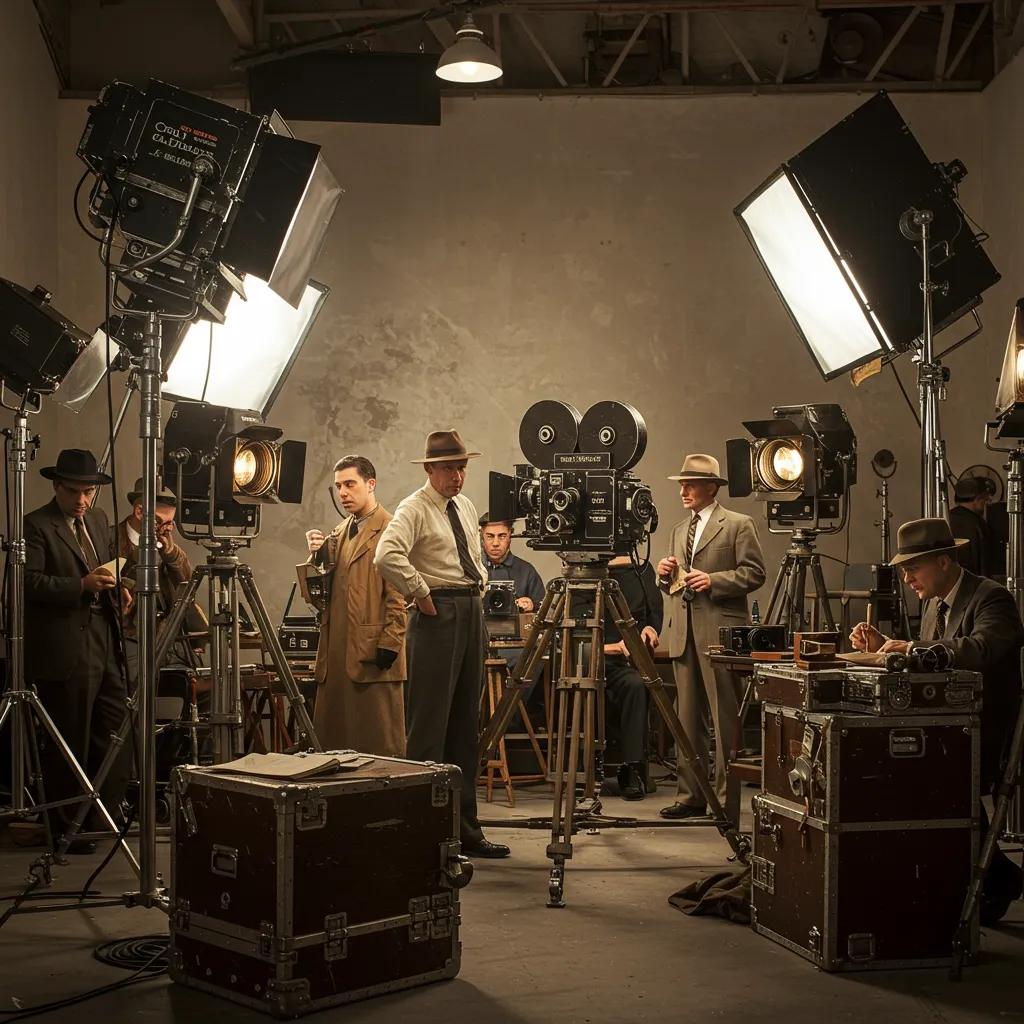 Nostalgic depiction of a vintage film set from Golden Age Hollywood, highlighting classic cameras and actors in period costumes