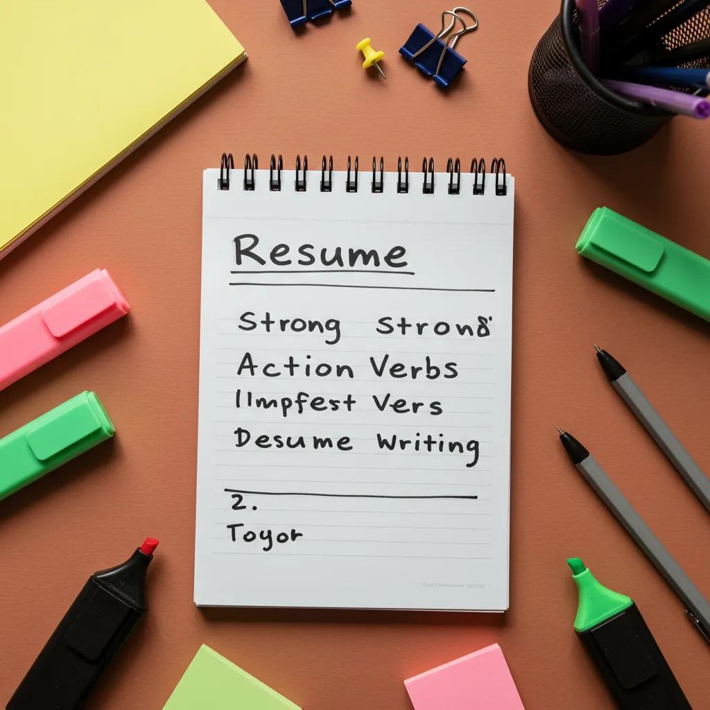 Notepad with strong action verbs for resume writing surrounded by stationery in a creative workspace