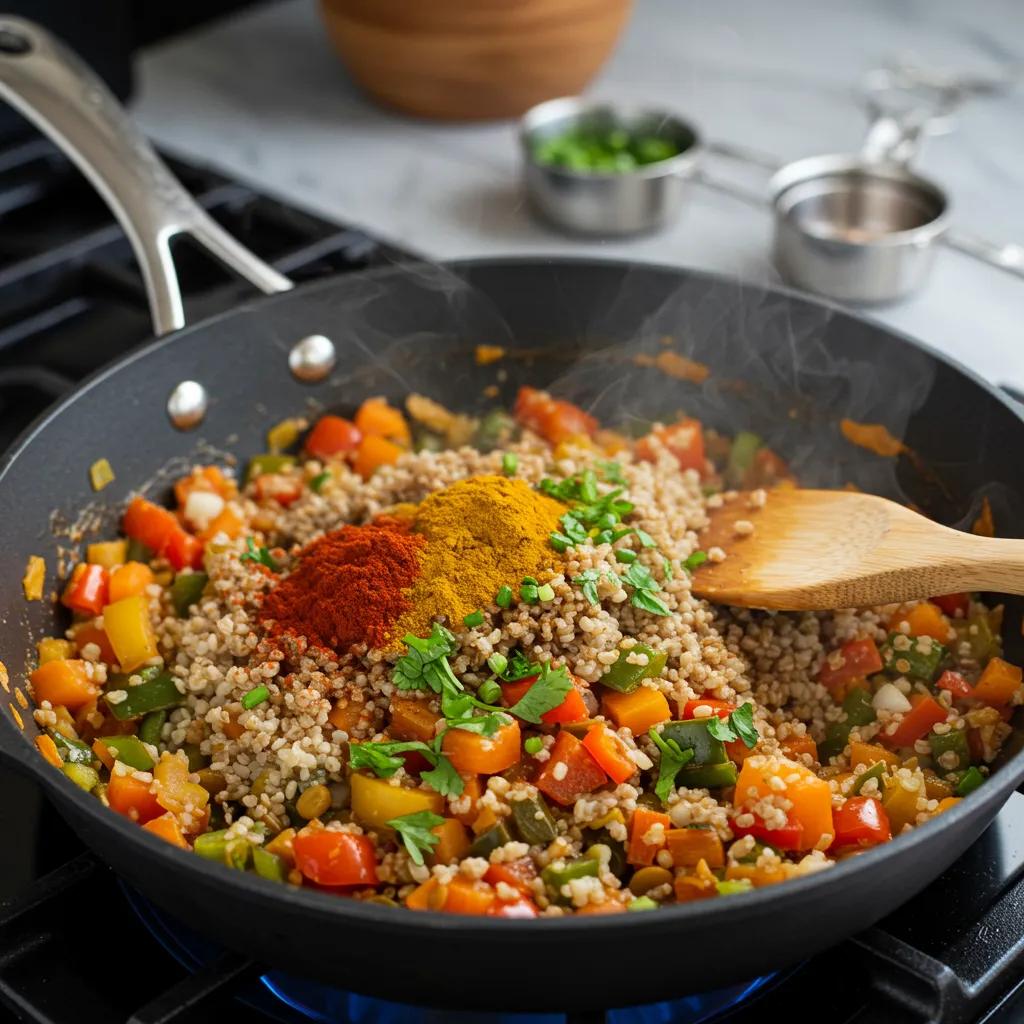 One-pot meal preparation with colorful vegetables and spices in a heavy skillet