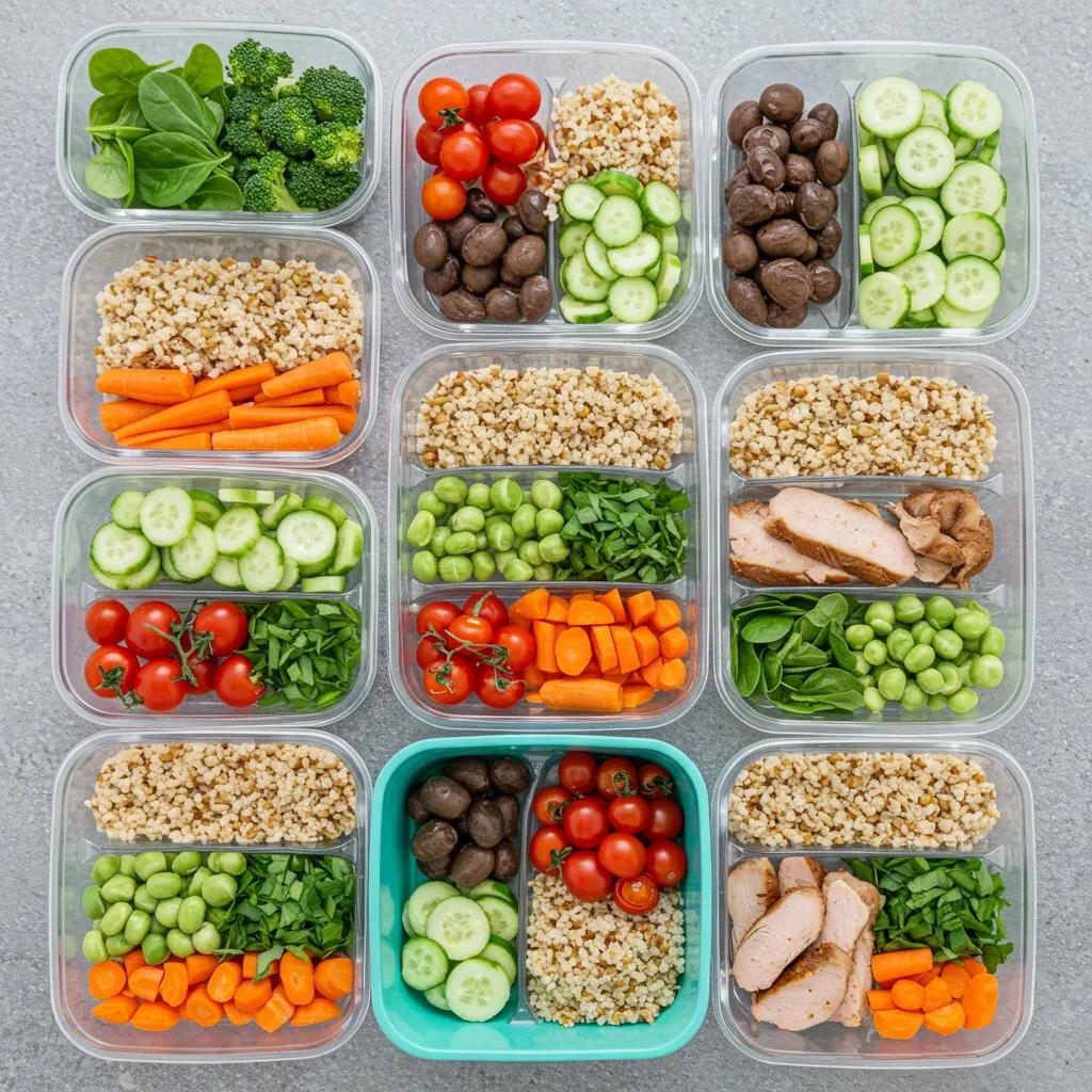 Organized meal prep containers filled with balanced meals, showcasing easy and healthy cooking ideas