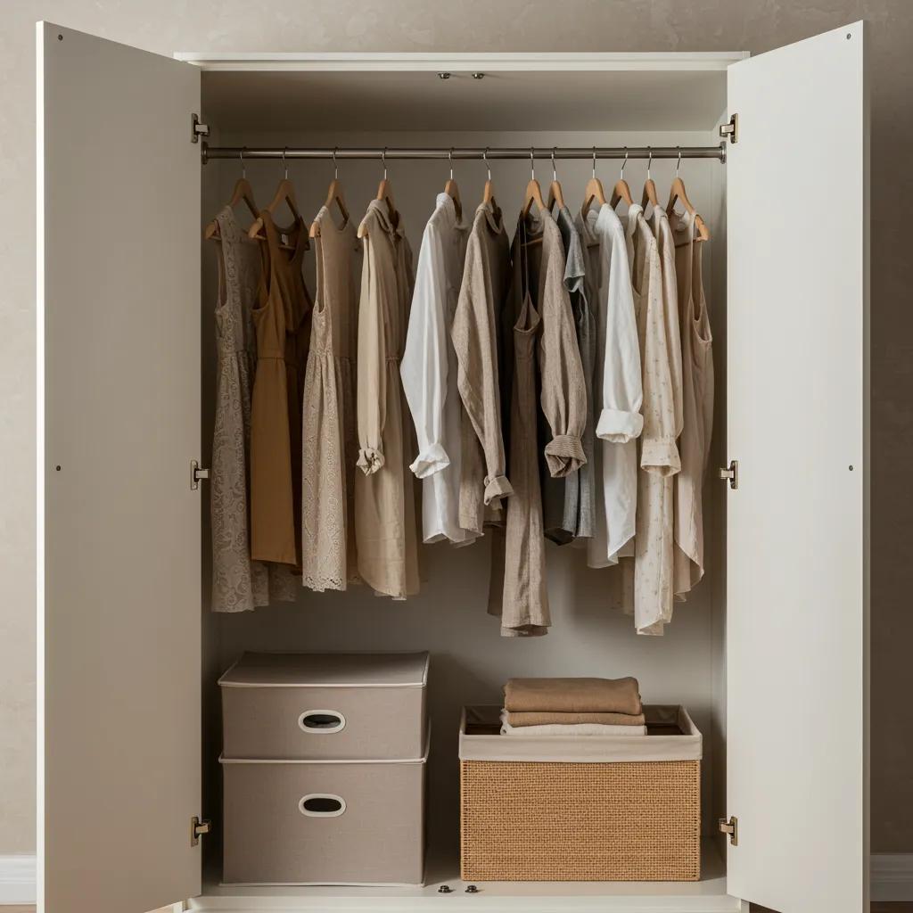 Organized wardrobe showcasing eco-friendly fabrics and sustainable fashion pieces