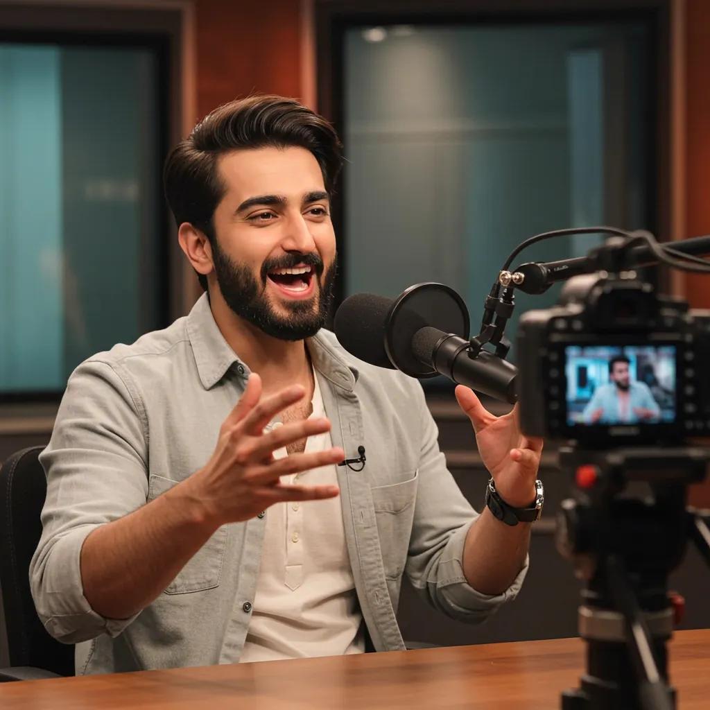 Pakistani actor engaged in an interview, showcasing dynamic expression in a modern studio