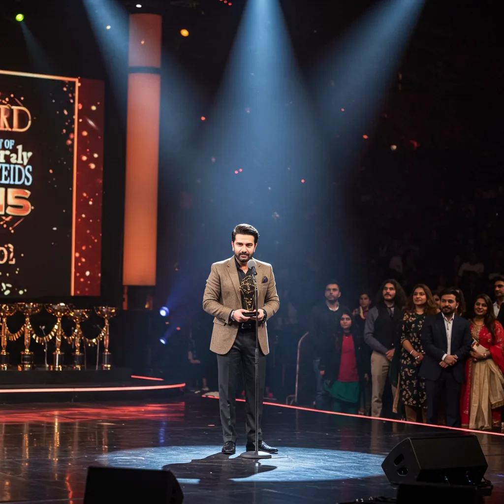 Pakistani actor receiving an award on stage, symbolizing breakthrough roles and major achievements