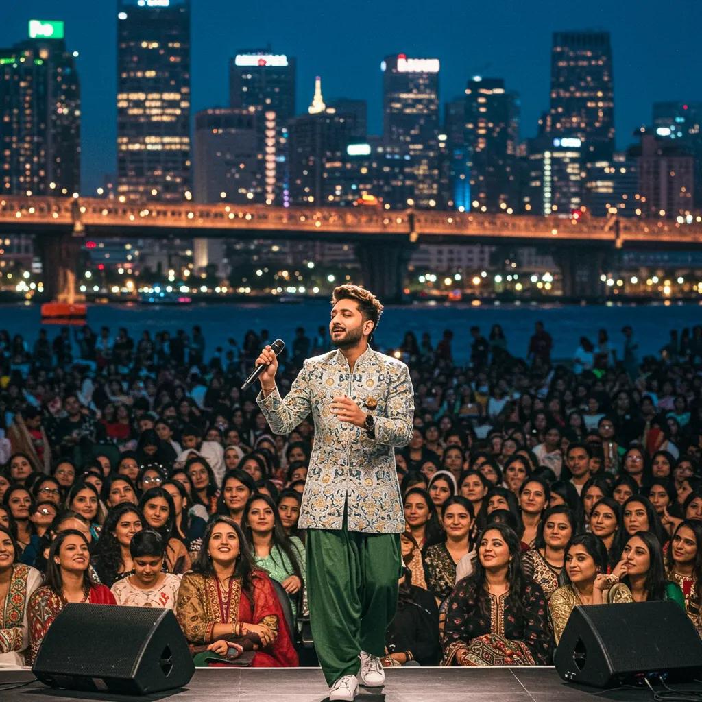 Pakistani artist performing on an international stage with a city skyline in the background