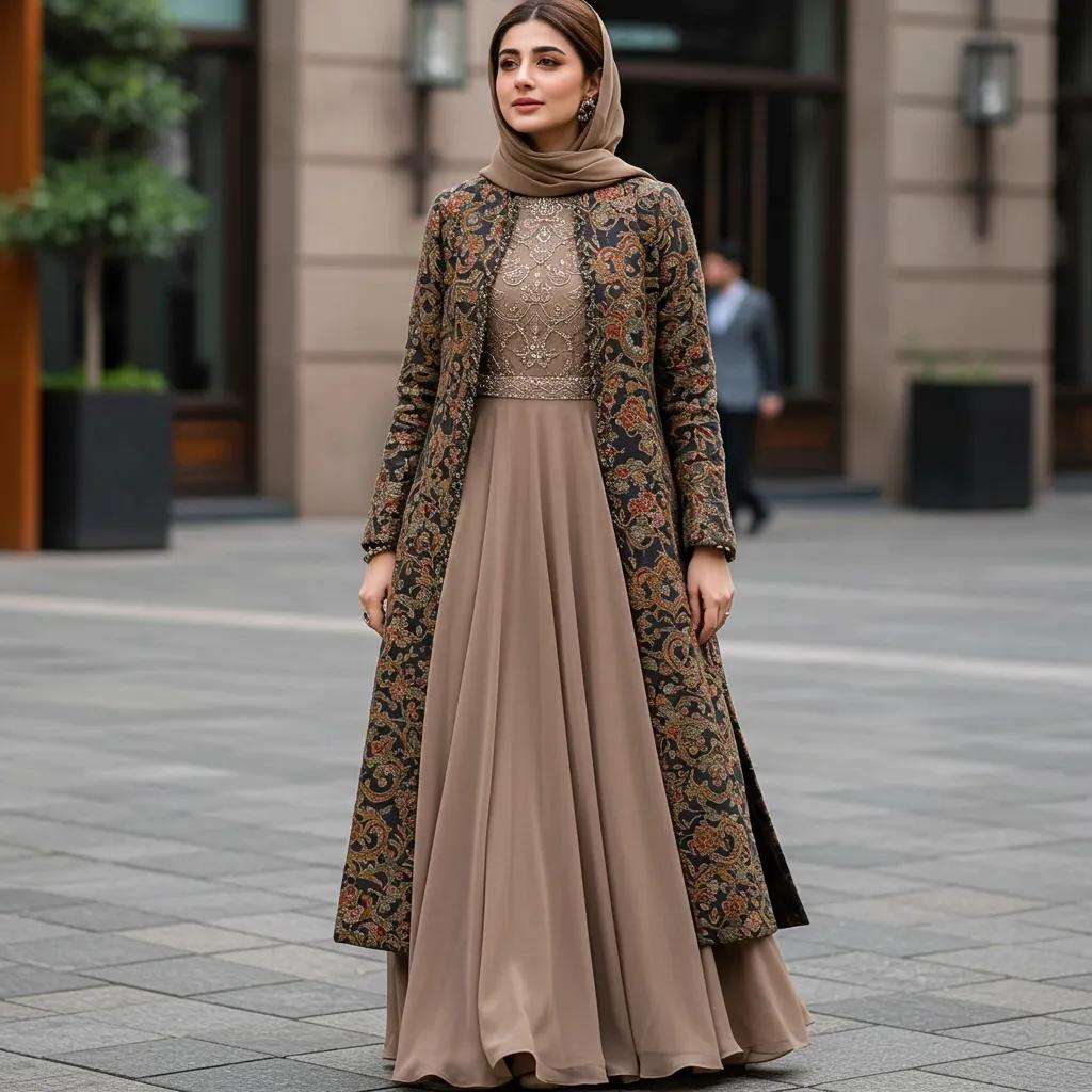 Pakistani celebrity in a modest outfit featuring a long coat and full-skirted gown, reflecting 2025 fashion trends