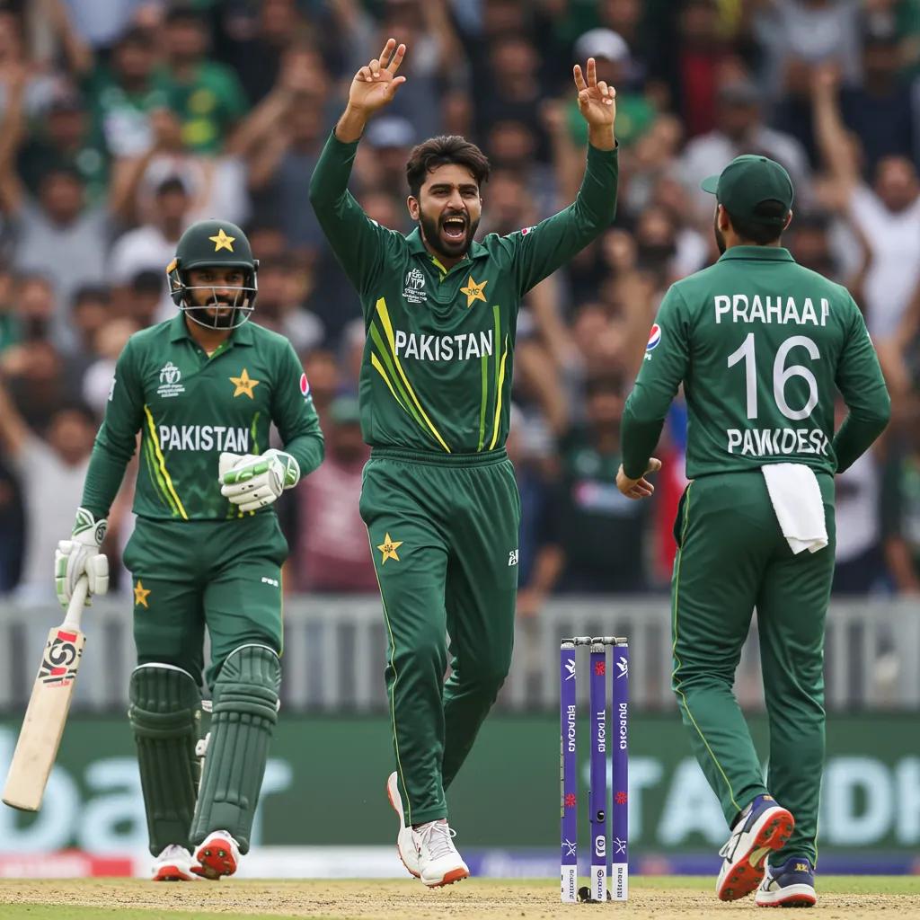 Pakistani cricketer celebrating a wicket with teammates in a vibrant stadium