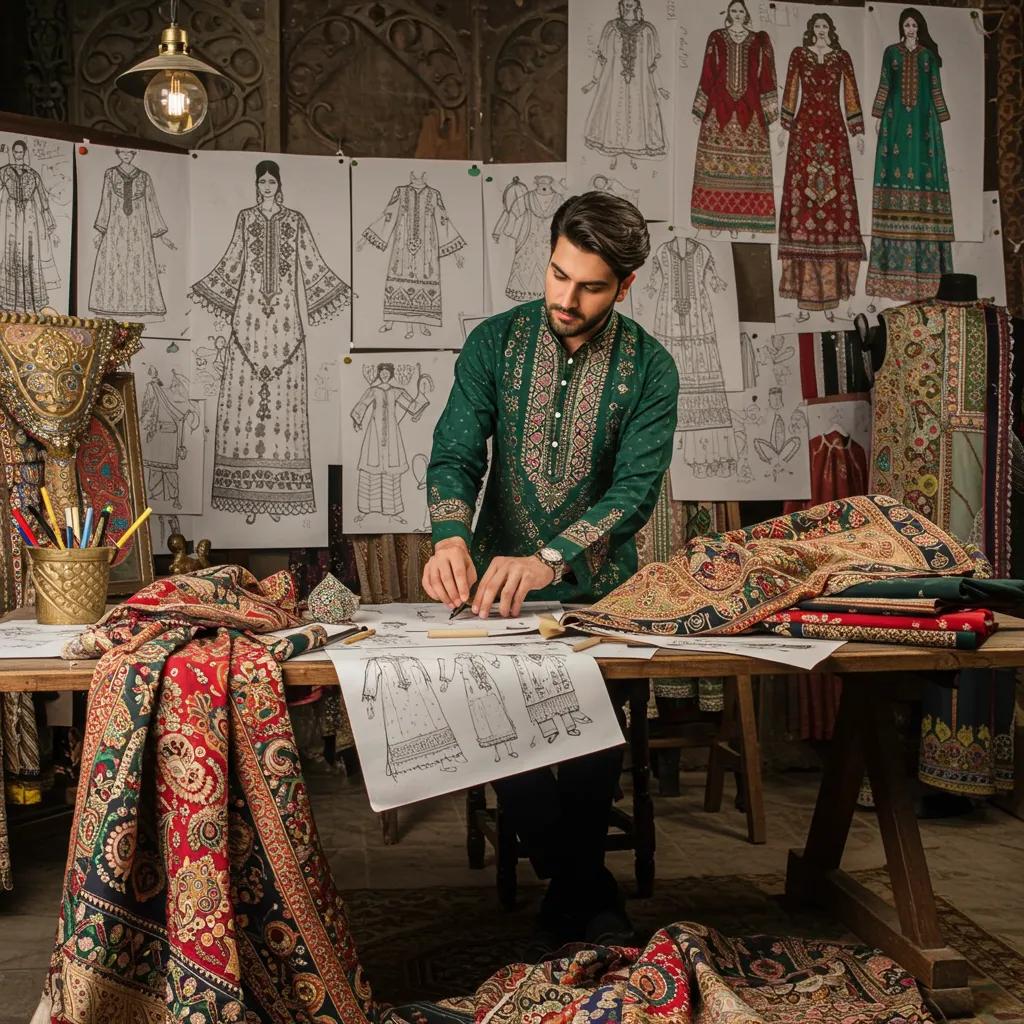 Pakistani designer in studio surrounded by sketches and fabrics, showcasing creative process