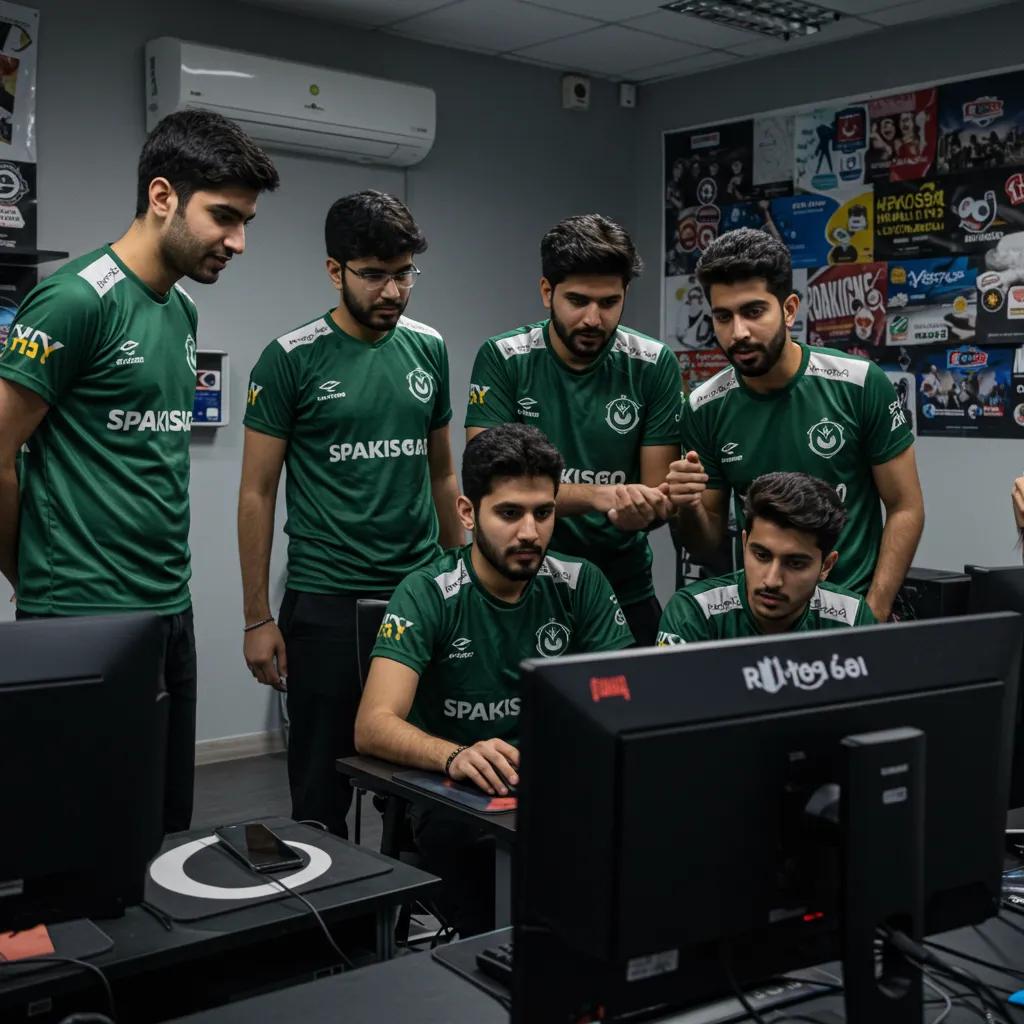 Pakistani esports players collaborating in a training environment, showcasing teamwork and dedication