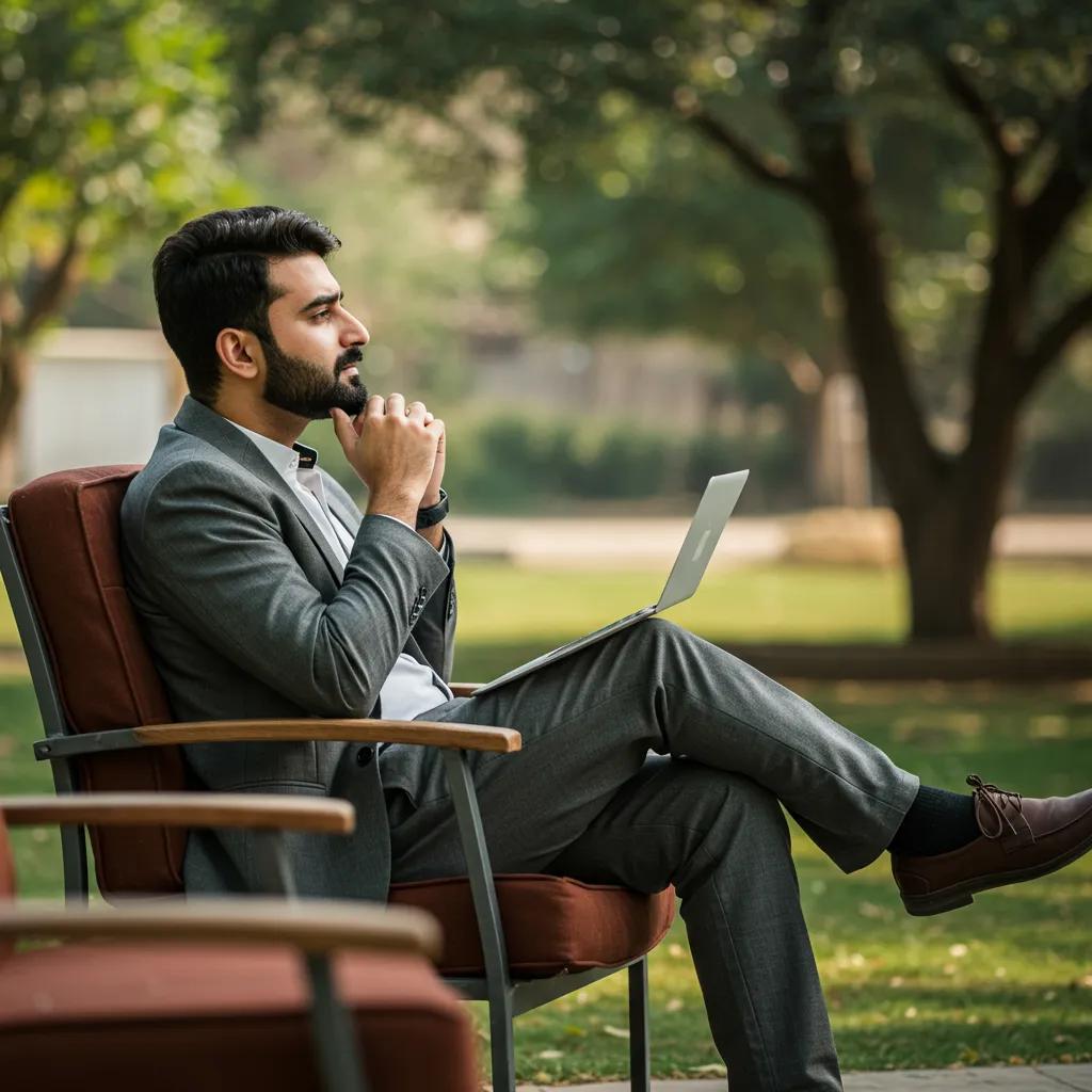 Pakistani man reflecting on mental health in a serene environment, highlighting the importance of mental well-being