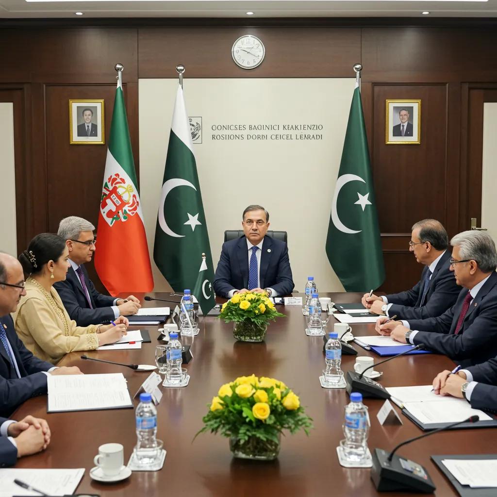 Pakistani officials in a diplomatic meeting with international partners in a conference room