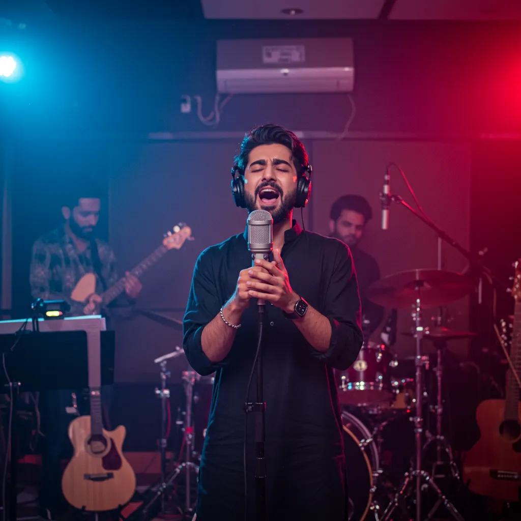 Pakistani singer performing in a studio, highlighting the energy of music creation
