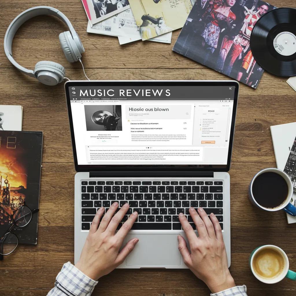 Person browsing music reviews on a laptop with headphones and album covers around