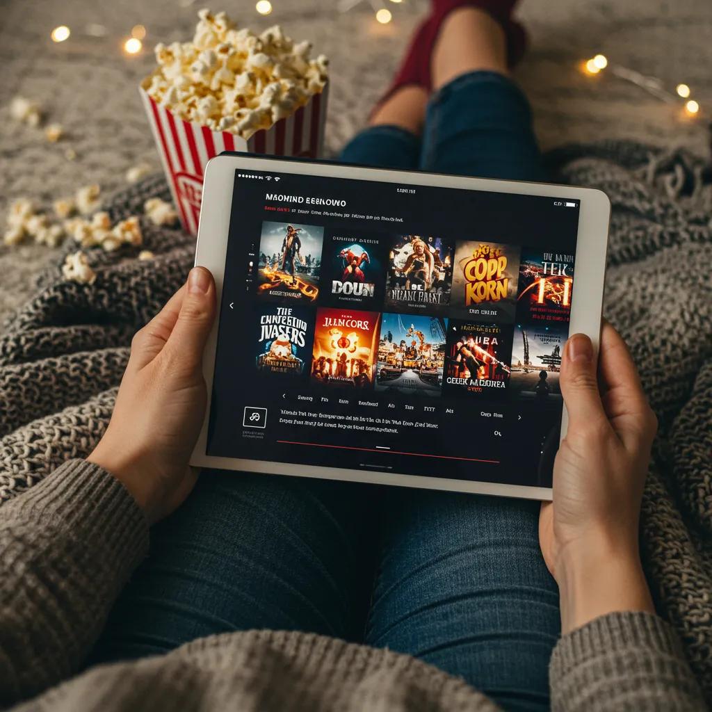 Person browsing upcoming movie titles on a tablet, surrounded by popcorn in a cozy setting