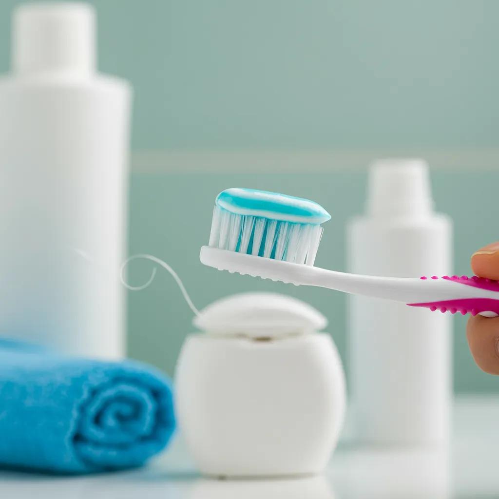 Person brushing teeth with dental care products in a bright bathroom