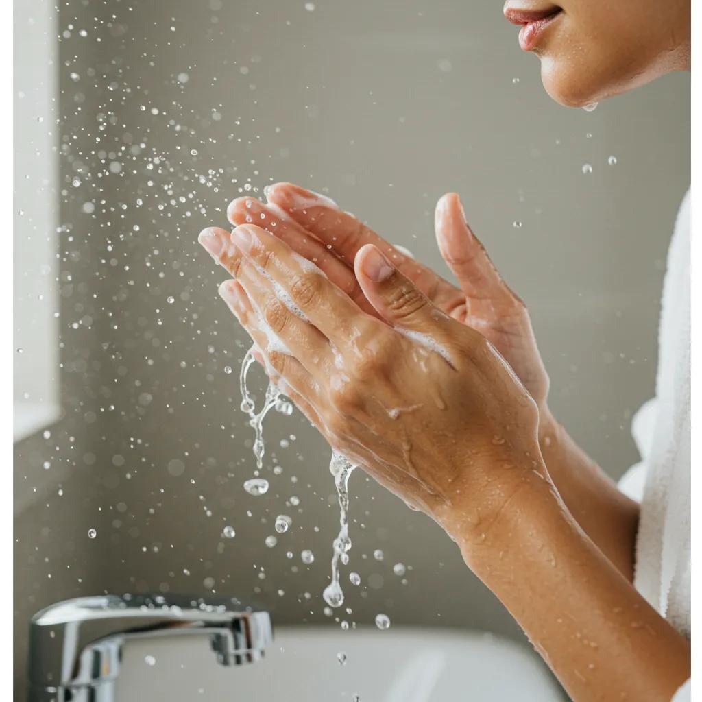 Person cleansing their face with a foaming cleanser, demonstrating effective skincare techniques