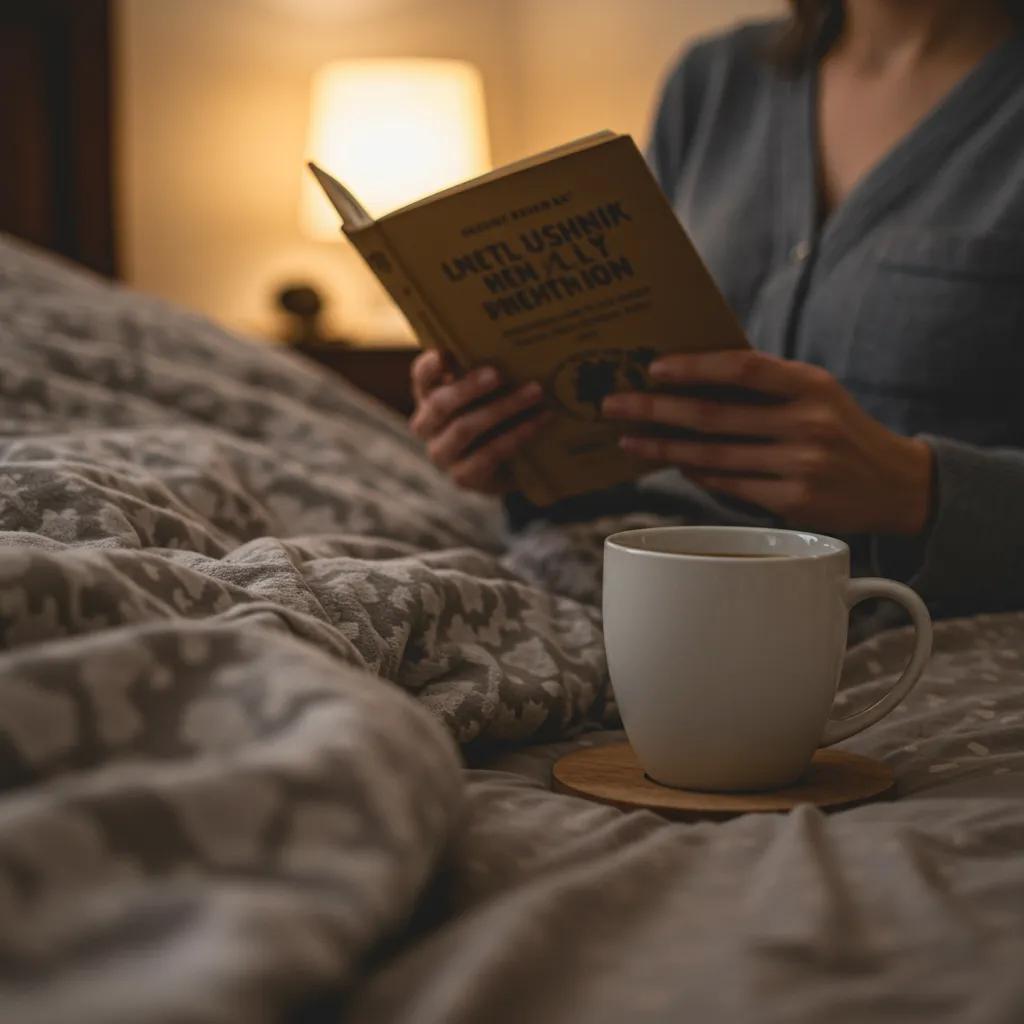 Person engaging in relaxing activities to improve sleep quality with a calming environment