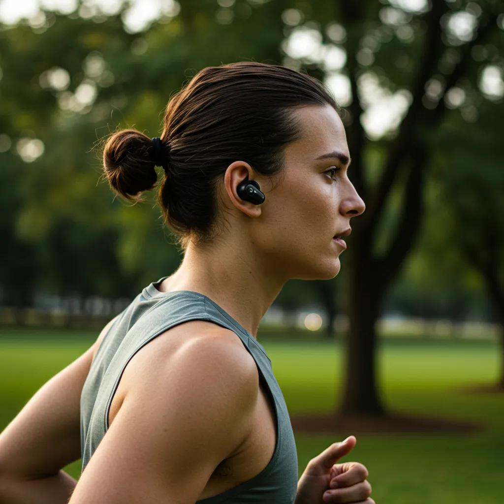 Person jogging in a park with noise-cancelling earbuds in use