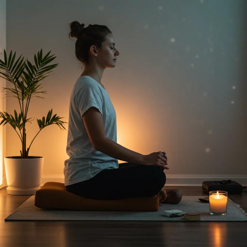 Person meditating in a quiet room, emphasizing mindfulness and stress relief
