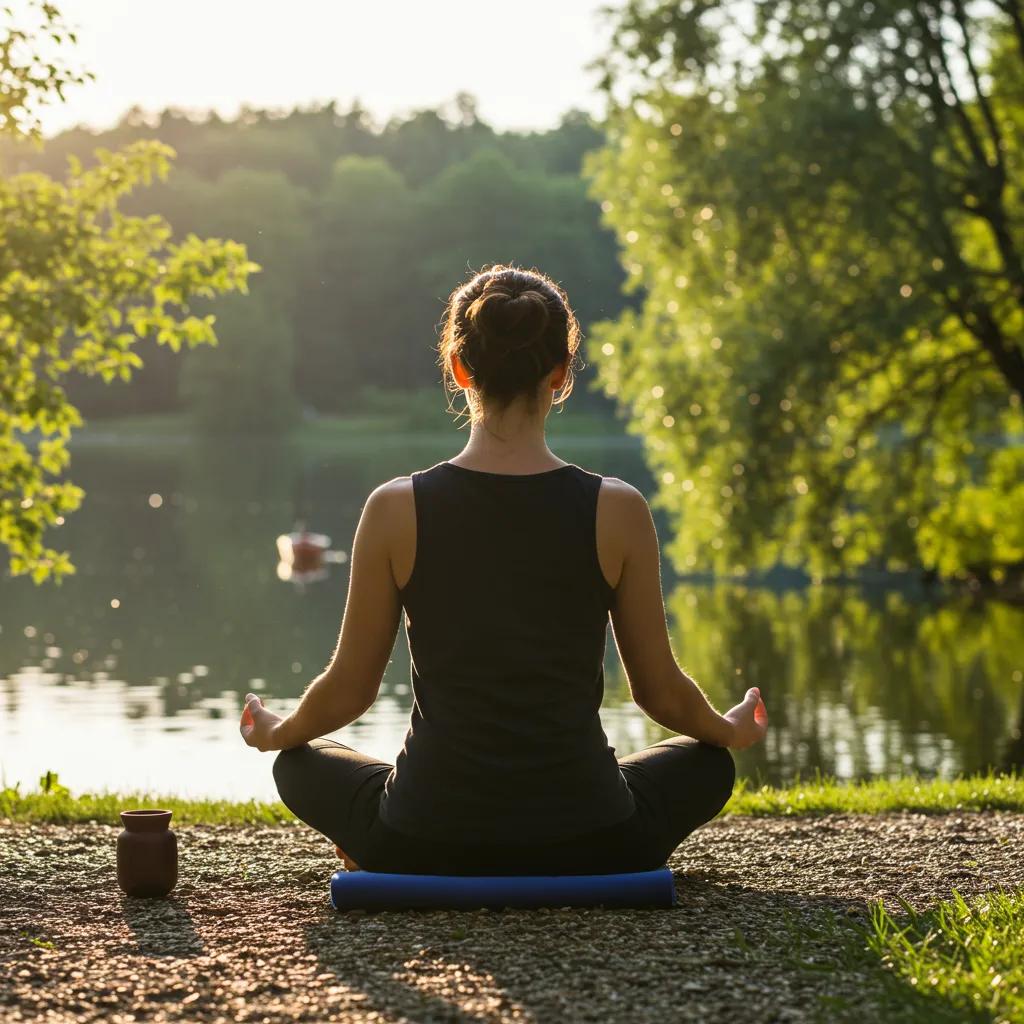 Person meditating in a tranquil outdoor setting, emphasizing mindfulness techniques for mental well-being