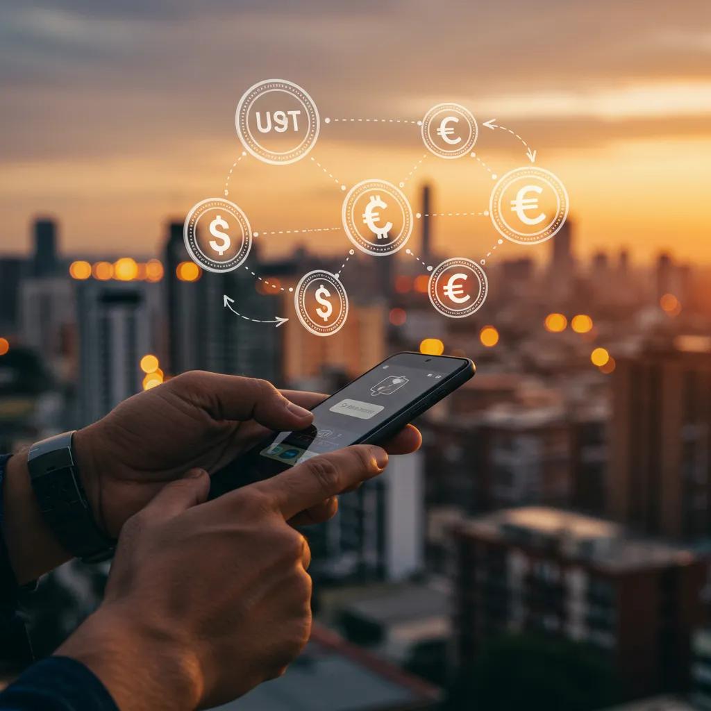 A visual representation of seamless money transfer using stablecoins against a modern cityscape.