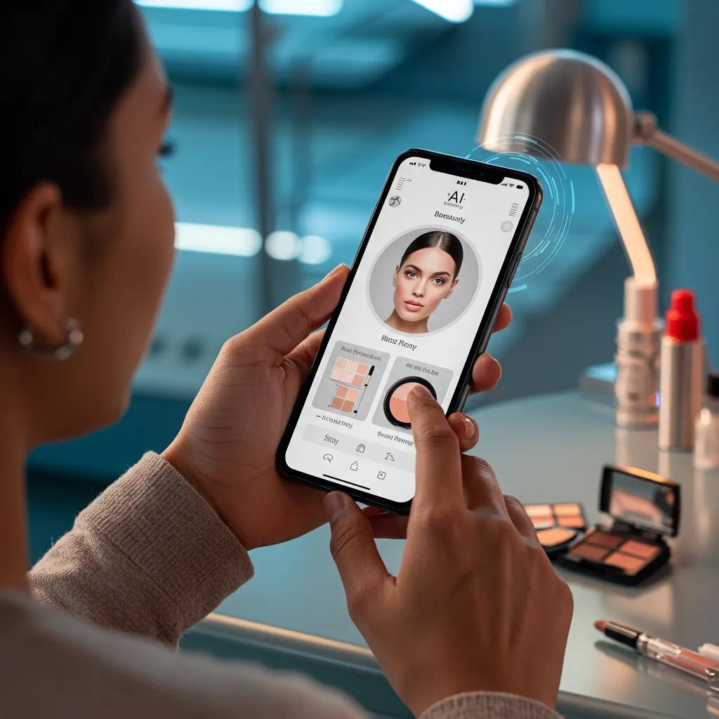 Person using an AI beauty app on a smartphone with virtual try-on feature in a modern setting