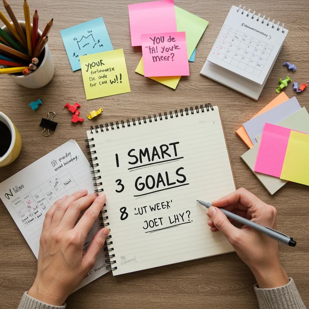 Person writing SMART goals with motivational tools in a bright workspace